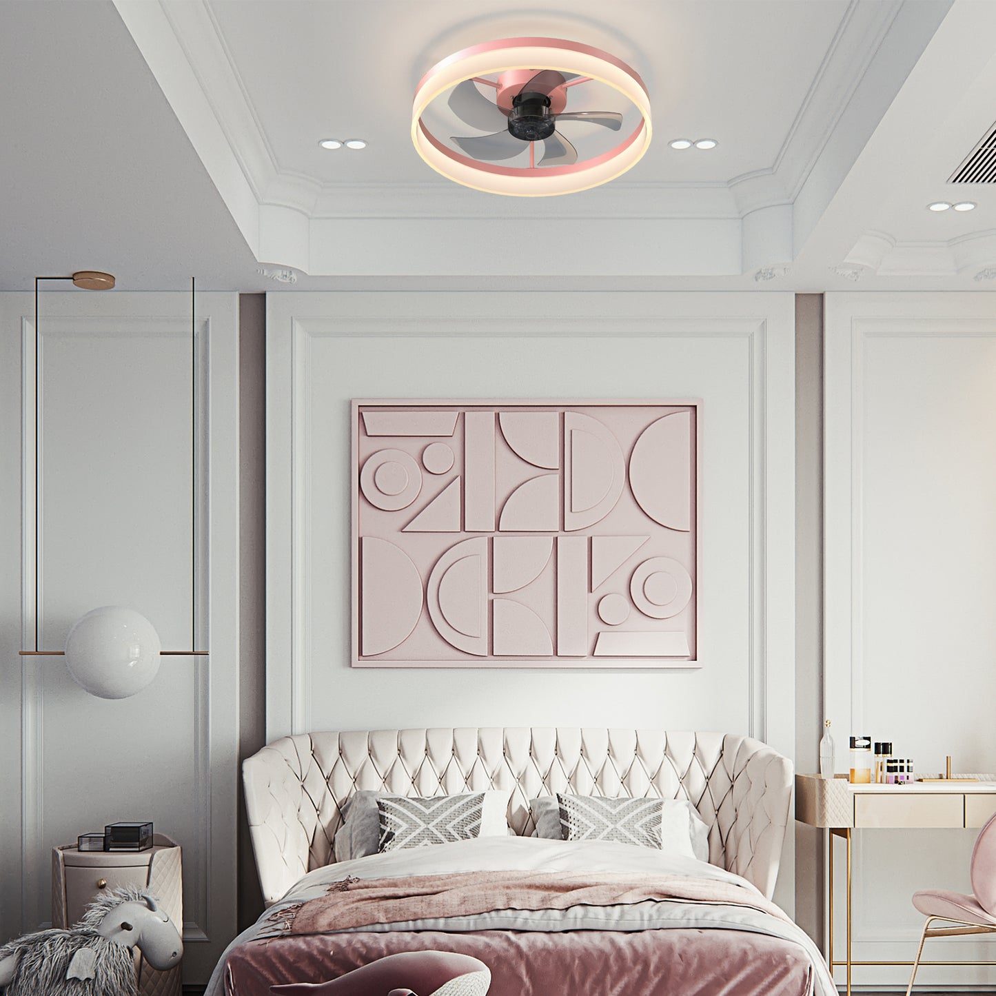 Dimmable LED Ceiling Fan with Lights - Modern Thin Design, Pink