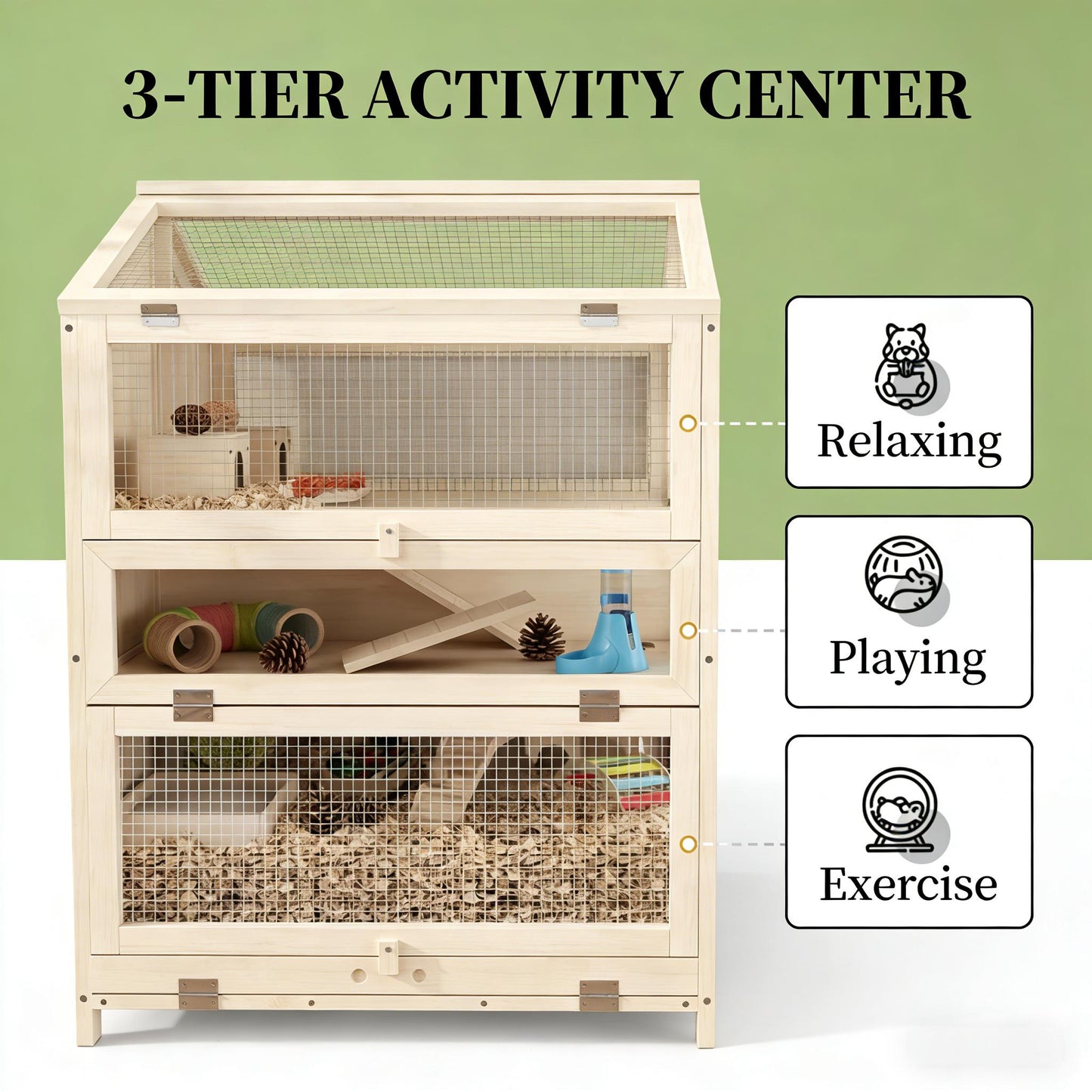 3-Tier Hamster Cage - Wooden Small Animal Habitat with Clear Panels