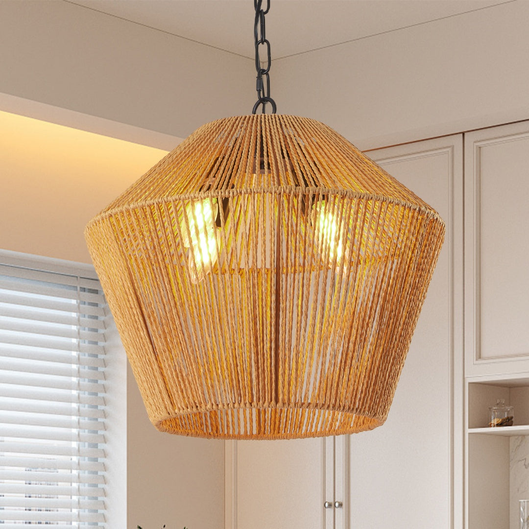Boho Hemp Rope Pendant Light Fixture - Adjustable Height, Natural Finish
