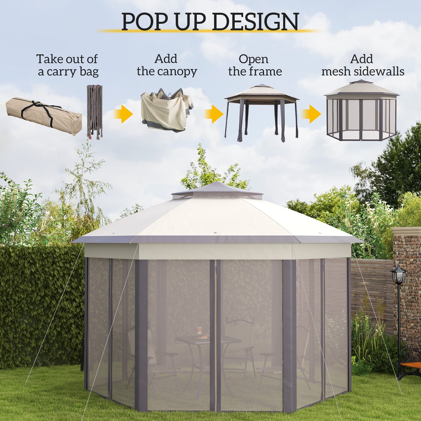 13' Hexagonal Pop Up Gazebo Canopy with Mesh Sidewalls - Coffee, Beige