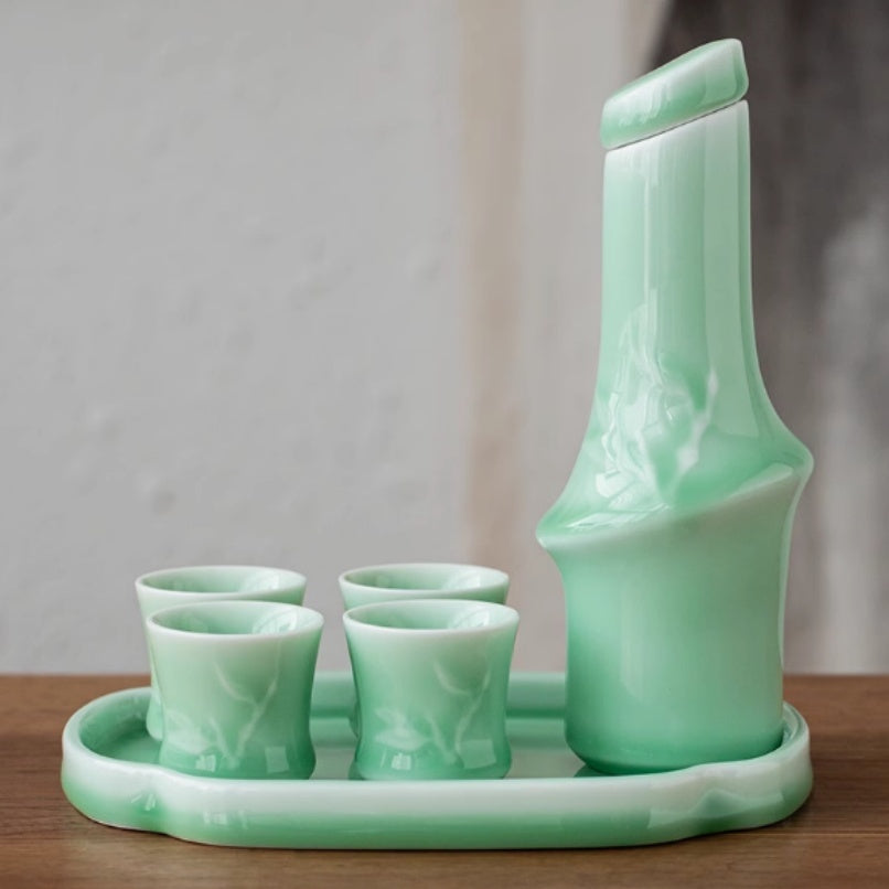 Celadon Bamboo Joint Wine Set with Decanter and Cups - Japanese Style