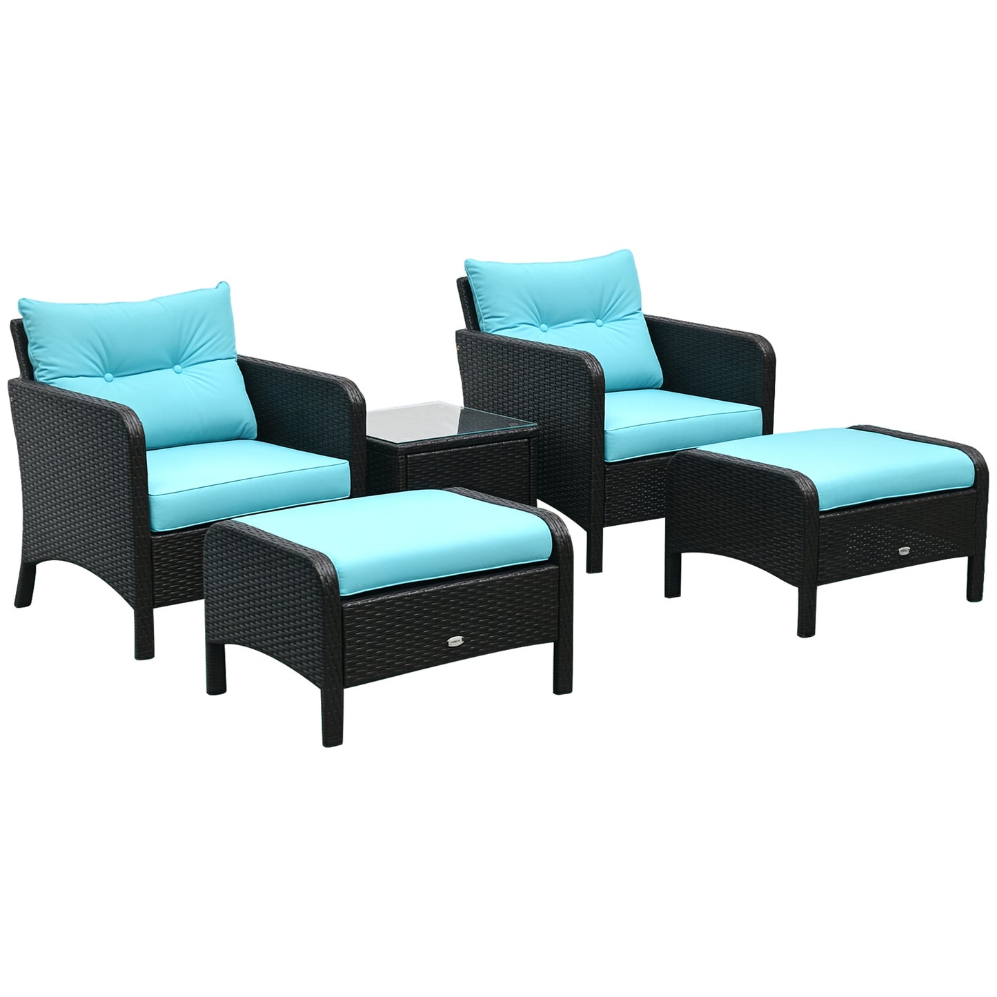 5-Piece Outdoor Rattan Lounge Chair Set with Coffee Table - Brown/Blue