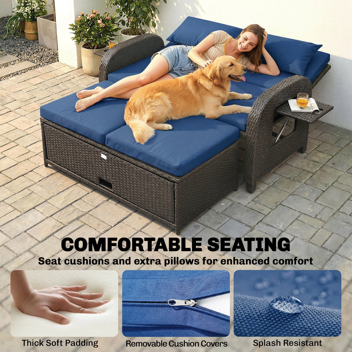 Outdoor Rattan Daybed with Storage Ottoman - Navy Blue