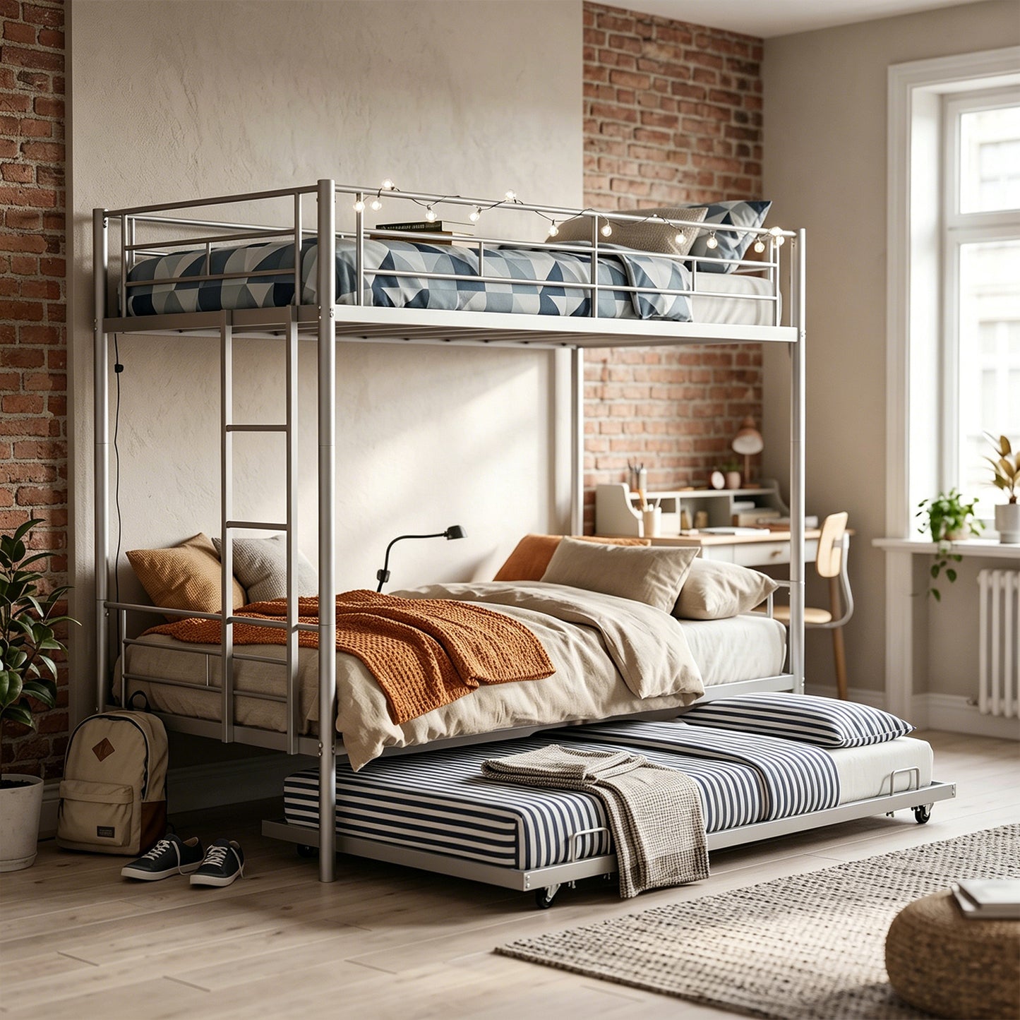 Twin Over Twin Bunk Bed with Trundle and Safety Rails