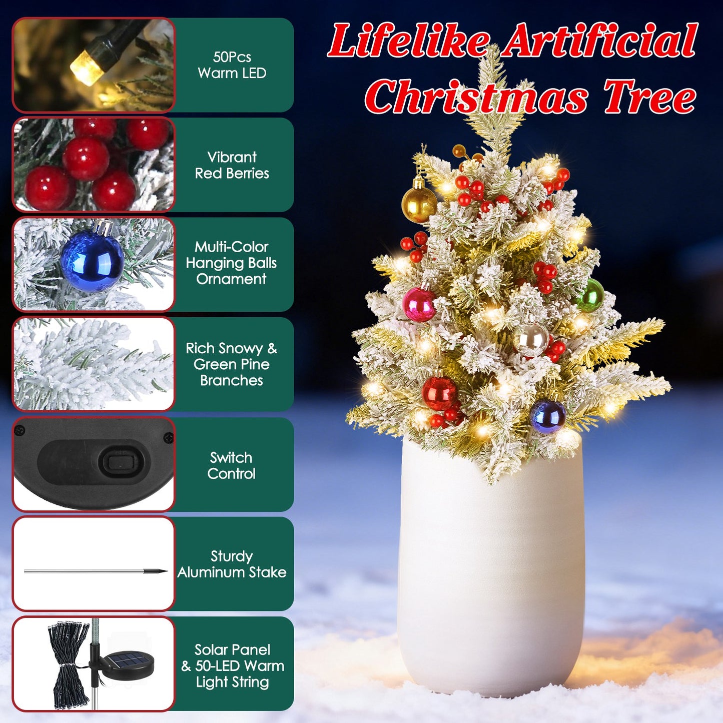Solar Powered Lighted Christmas Tree Urn Filler with Berries & Decor Balls