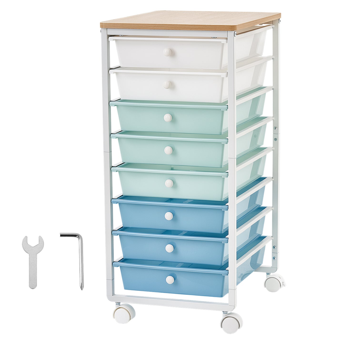Rolling Storage Cart with 8 Drawers and Wood Top - Mobile Utility Organizer, Green Blue