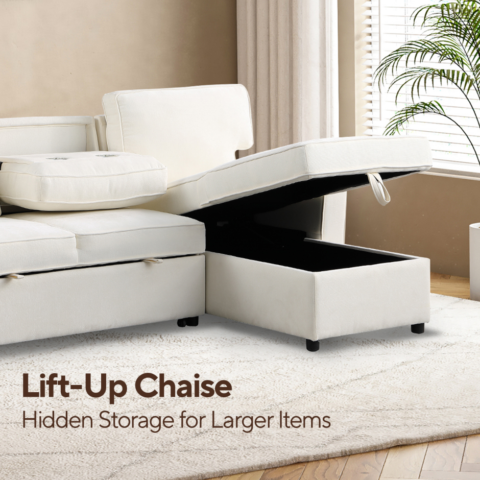 Upholstery Sleeper Sectional Sofa with Storage & USB Port - Beige