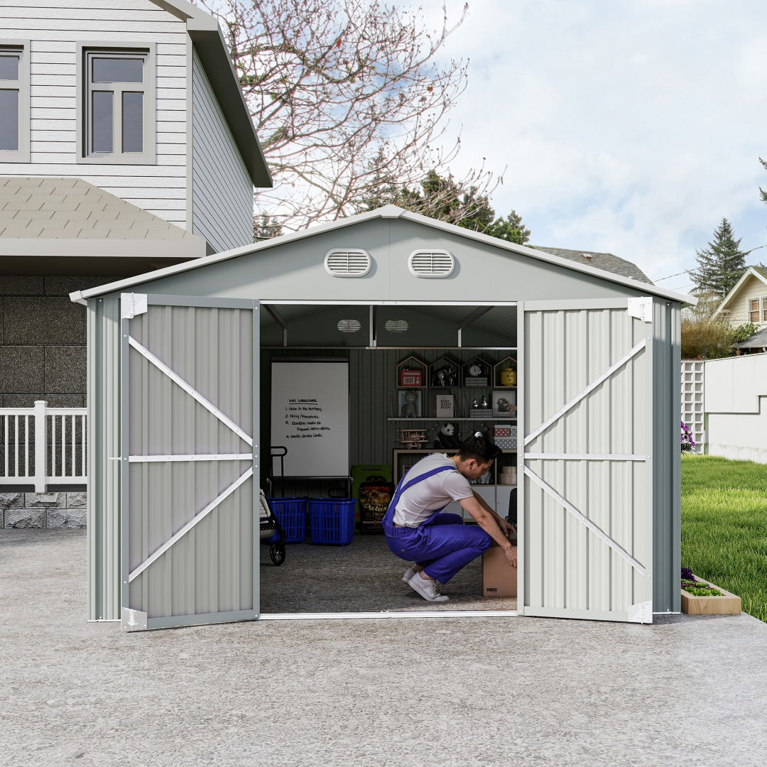 10x12 FT Outdoor Metal Storage Shed with Lockable Door - White