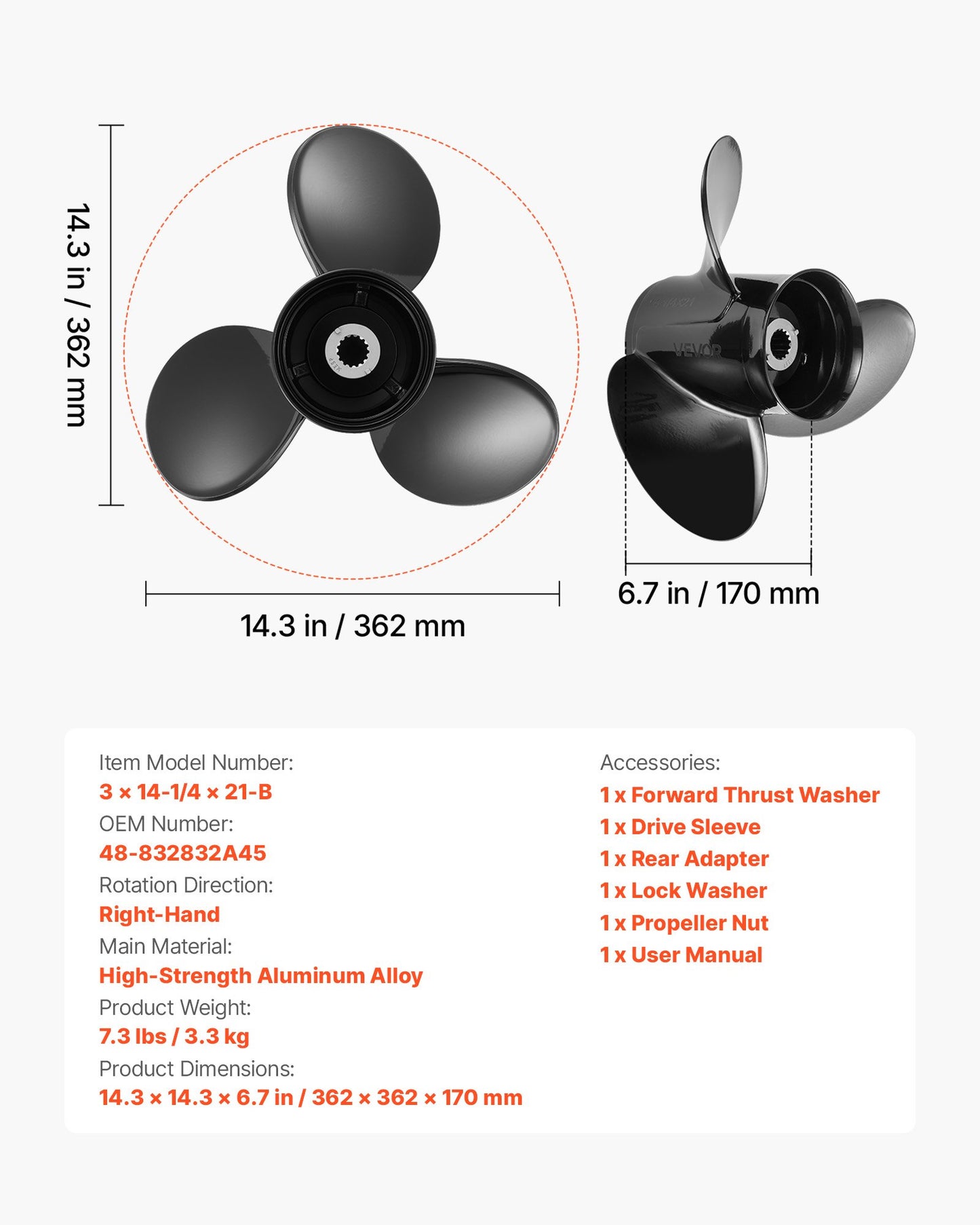 Outboard Propeller 3-Blade Aluminum RH Fit Mercury/Mariner 90-400 HP