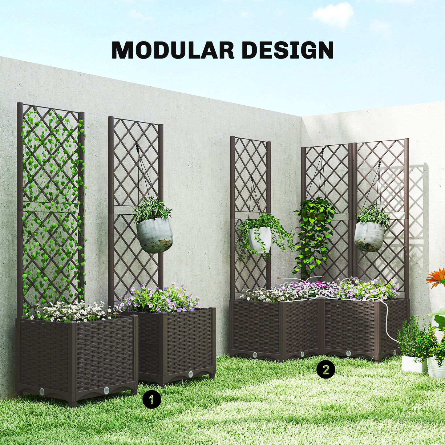 Self-Watering Raised Garden Bed with Trellis - Brown 510x610x280mm