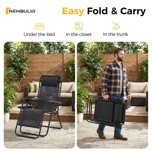 Set of 2 Folding Reclining Lounge Chairs with Cup Holder & Pillow