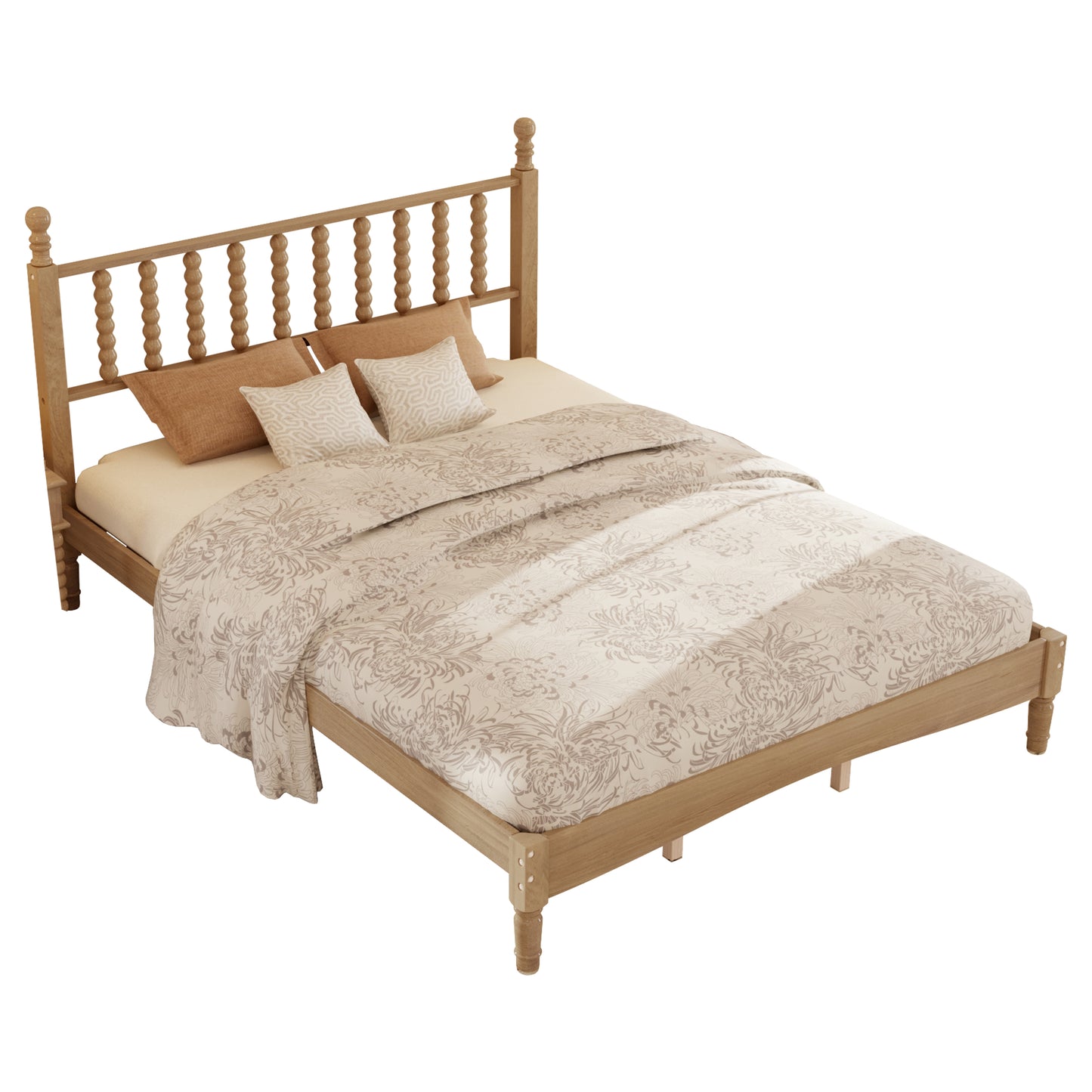 Queen Size Wood Platform Bed With Gourd Shaped Headboard,Retro Style