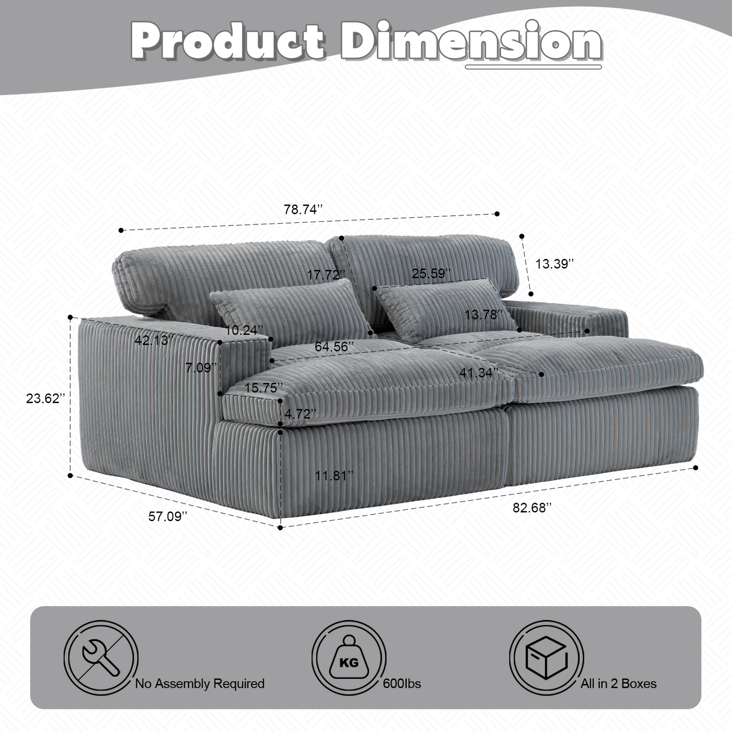 Double Chaise Lounge Chair - Oversized Grey Upholstered Sofa Bed