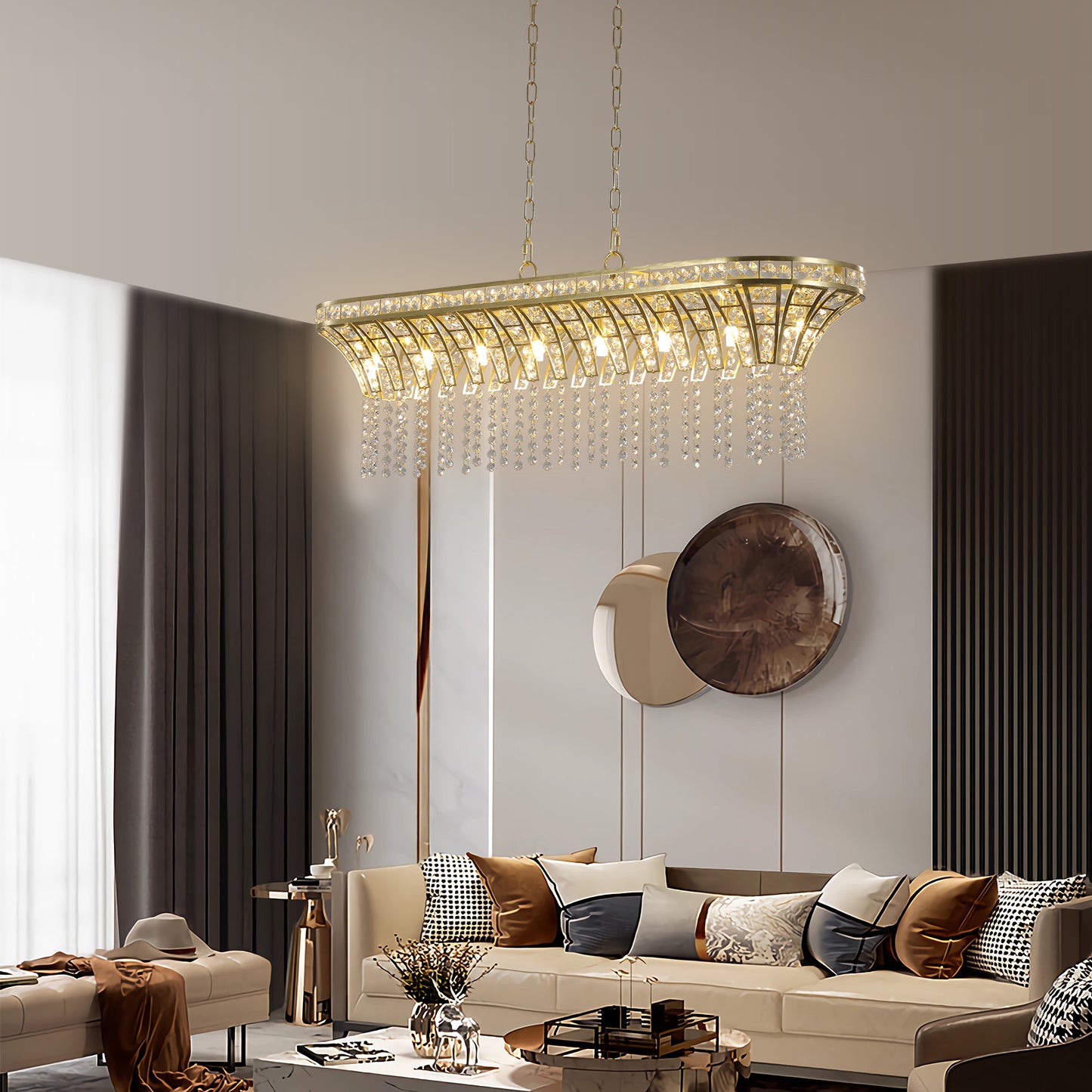 39-Inch Modern Crystal Pendant Light with Gold Finish for Living Room & Dining