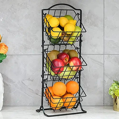 Three-Tier Metal Vegetable and Snack Storage Rack - Foldable Kitchen Organizer