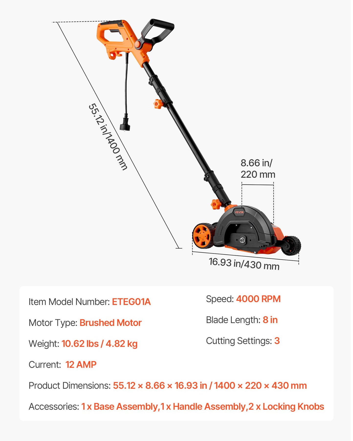 Electric Lawn Edger with 8-Inch Steel Blade, 12 Amp & Adjustable Depth