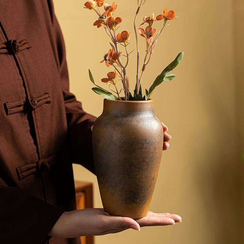 Retro Black Stoneware Handmade Ceramic Vase for Hydroponic Flowers - Table Decor