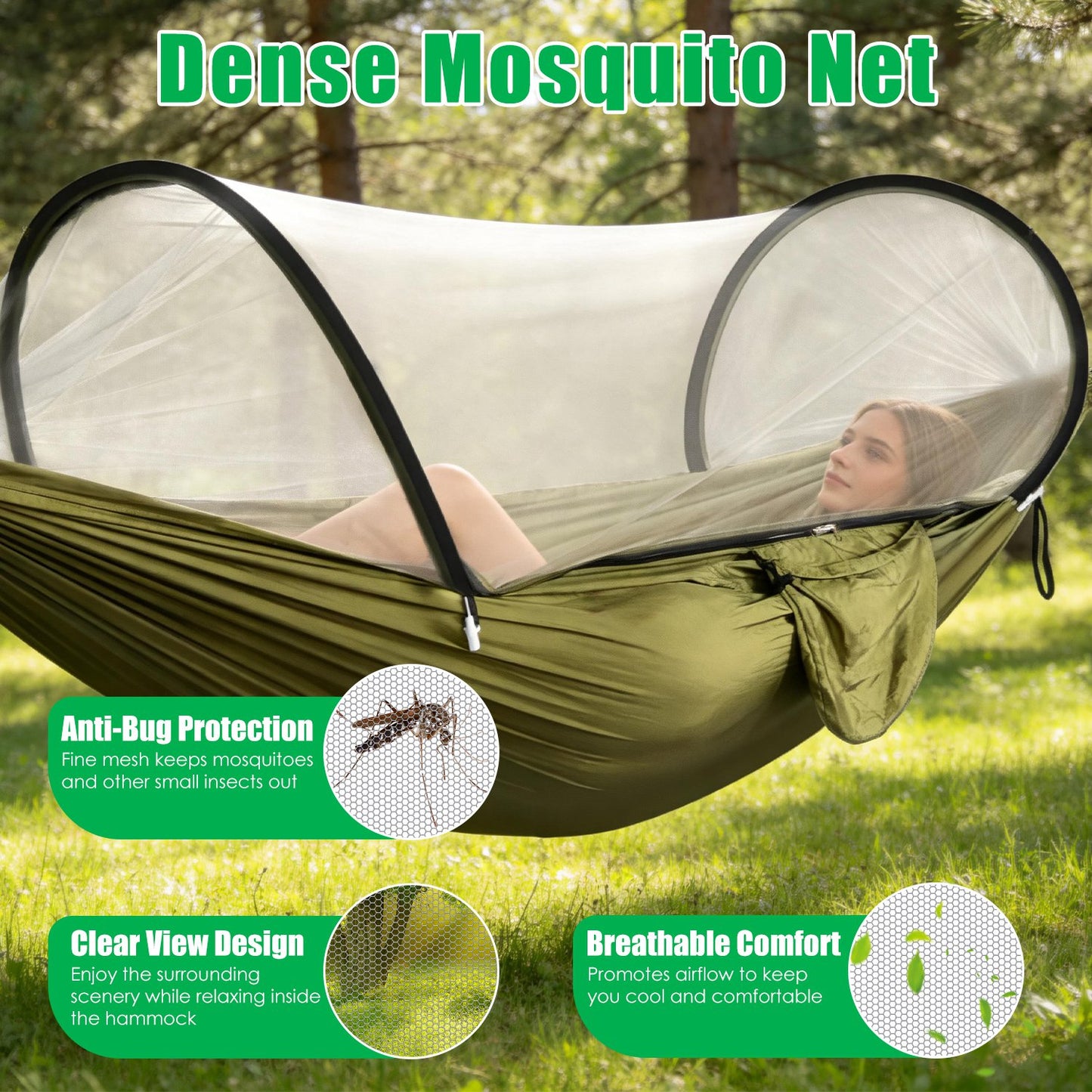 Portable Camping Hammock with Mosquito Net - 440lbs Capacity
