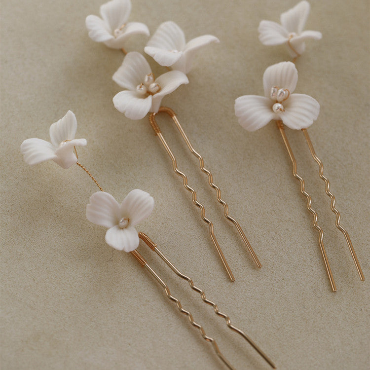 Ceramic Flower Freshwater Pearl Hair Fork - 3pc Set