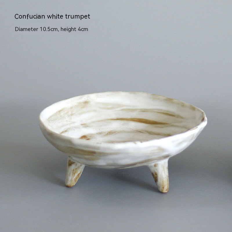 Stoneware Three-Legged Food Plate - Antique Ceramic Fruit Dish, Zen Dim Sum
