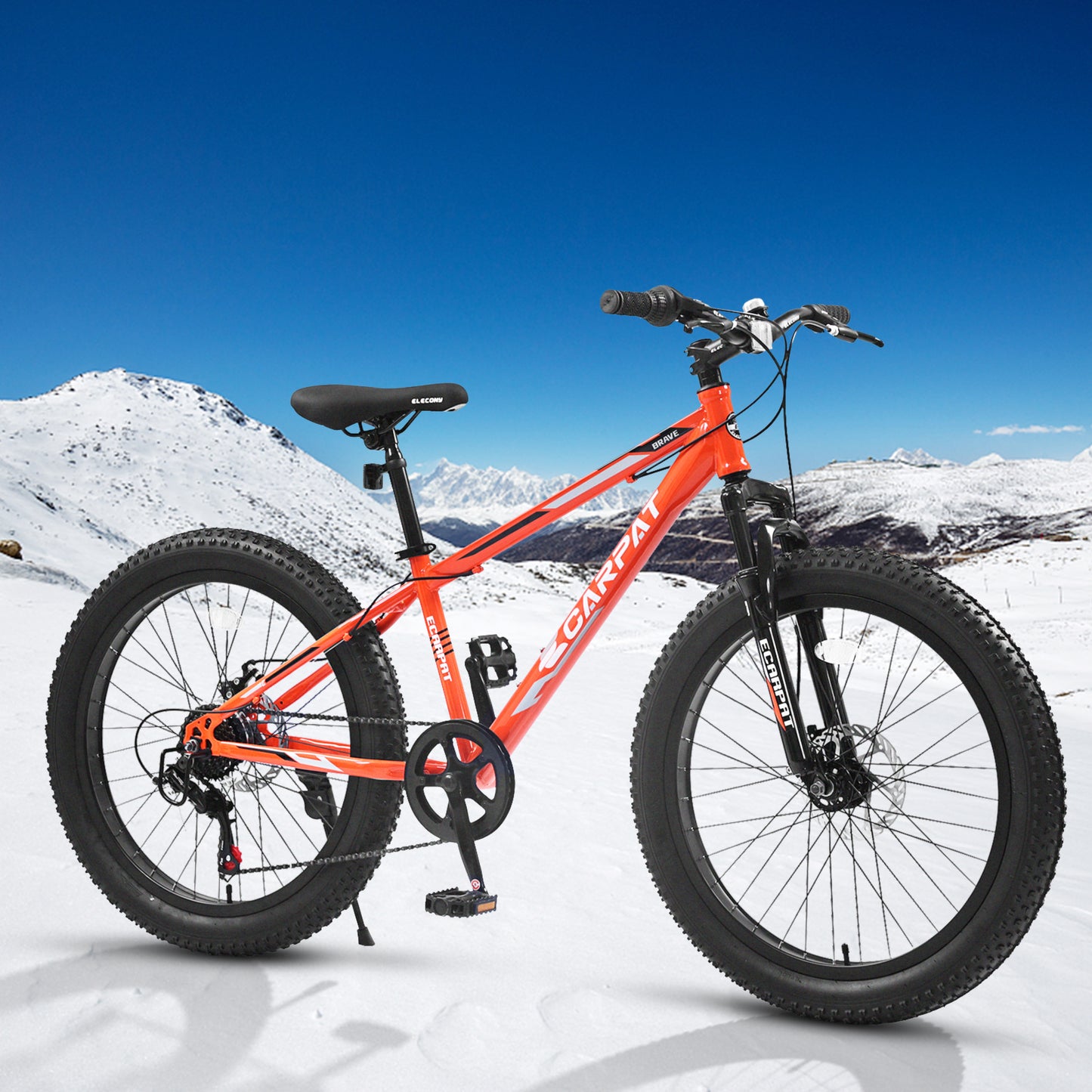 24 Inch Fat Tire Mountain Bike - Shimano 7 Speed, Dual Disc Brake, Orange