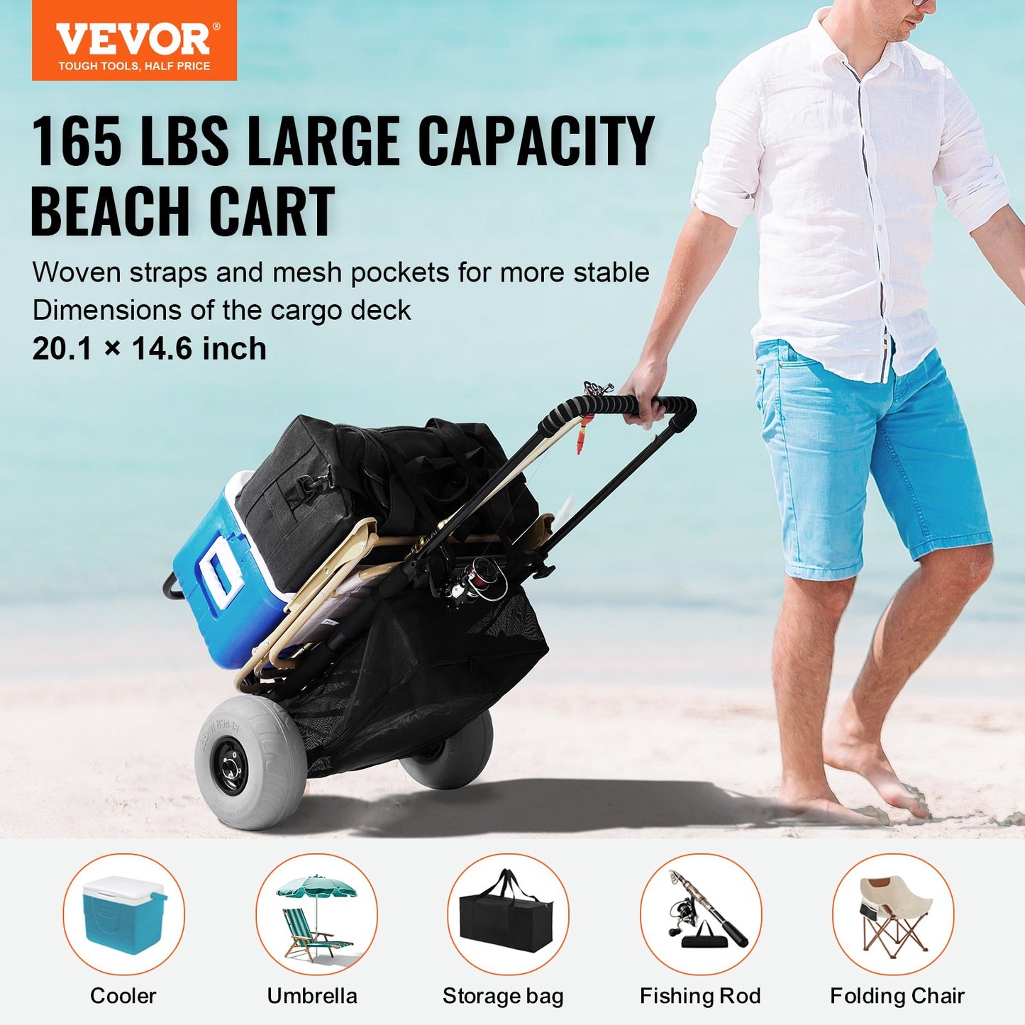 Heavy Duty Beach Cart with Big Wheels for Sand - 165LBS Capacity, Adjustable Height