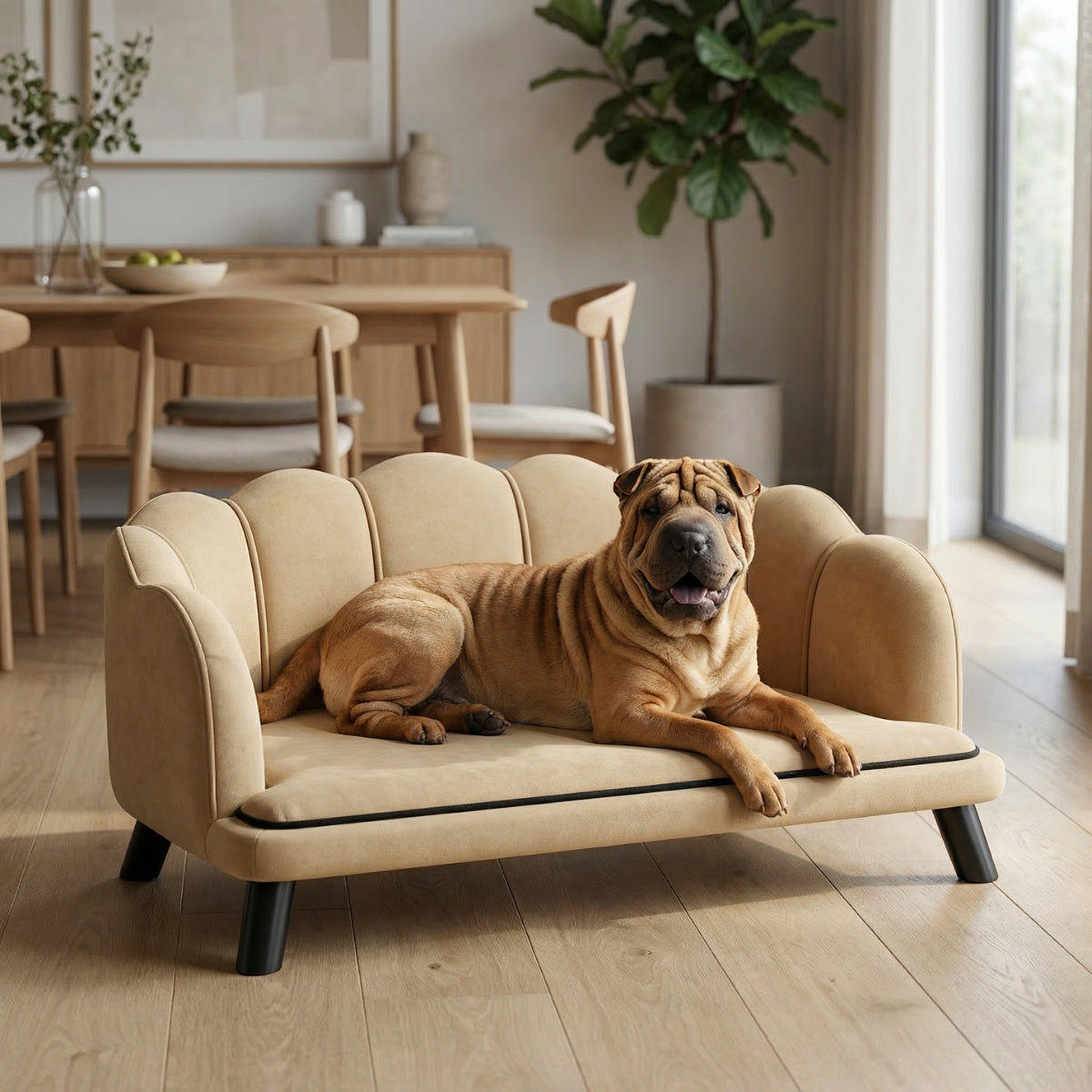 Pet Sofa Bed with Velvet Cushion & Solid Wood Legs for Medium & Large Dogs