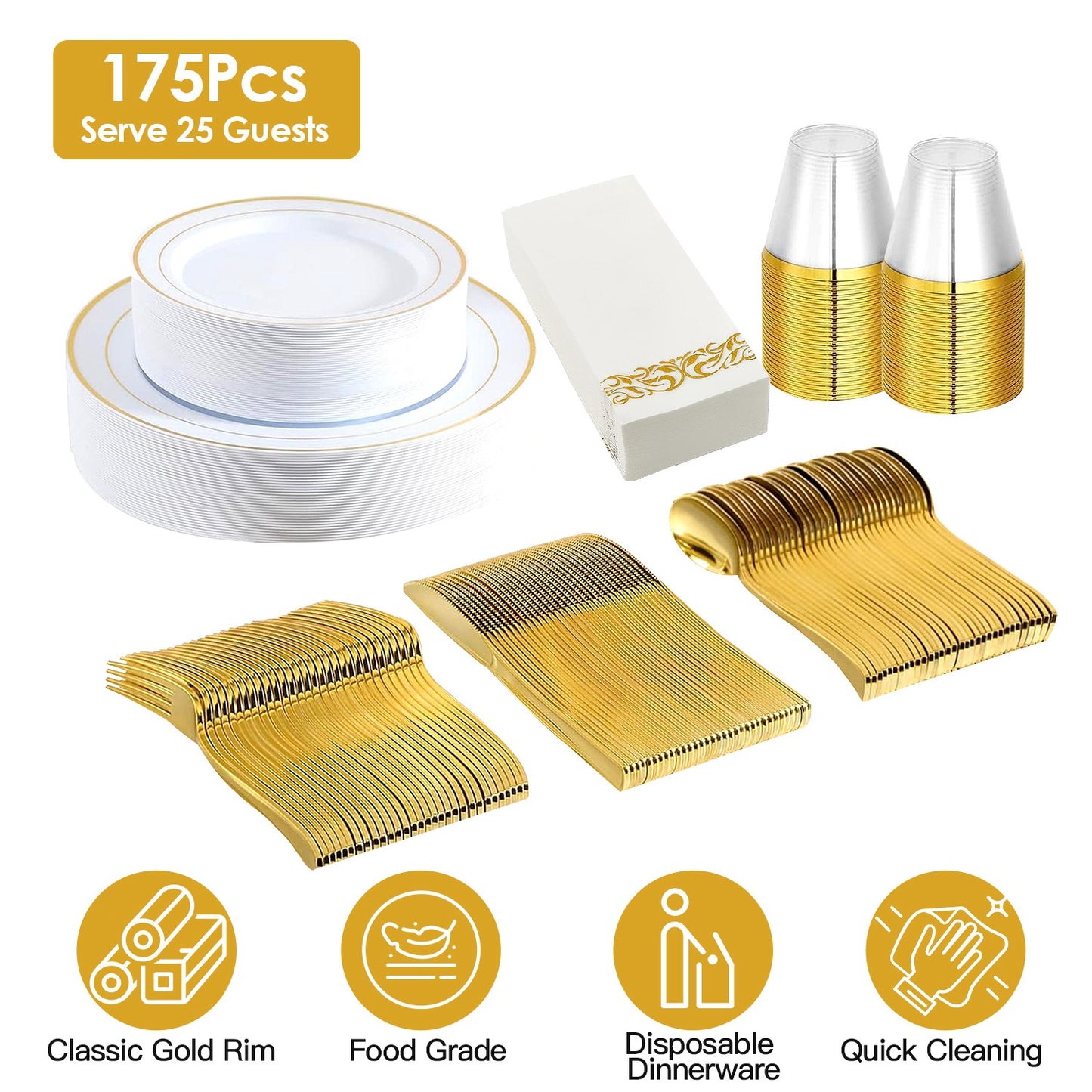 175-Piece Gold Disposable Dinnerware Set with Plates, Cups & Cutlery
