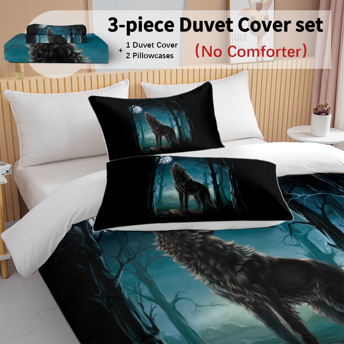 Moon Wolf Duvet Cover Set - Watercolor Forest Design, 3 Pieces