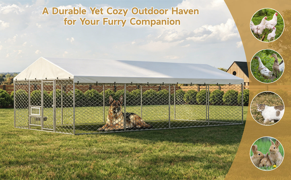 Large Outdoor Dog Kennel with Canopy - Heavy Duty Galvanized Steel Frame, Waterproof Cover, Elevated Feeders, Escape-Proof Locking Pet Run