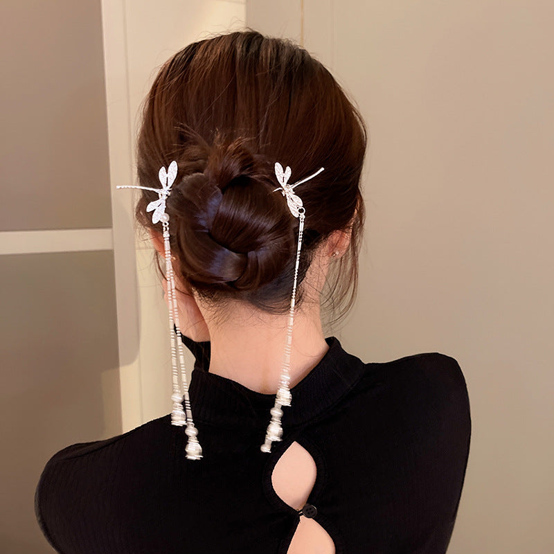 Silver Insect-Shaped Hairpin with Pearls - Small Hair Accessory