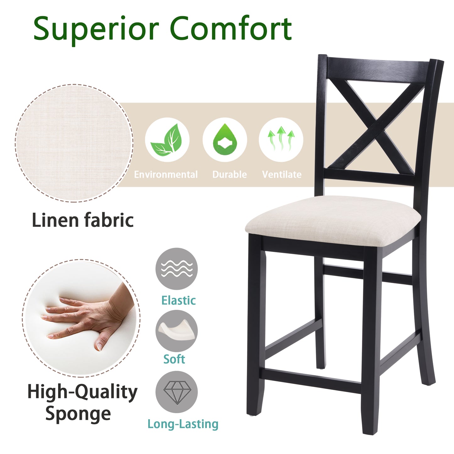 Wooden Counter Height Dining Chairs Set of 4 - Black & Beige