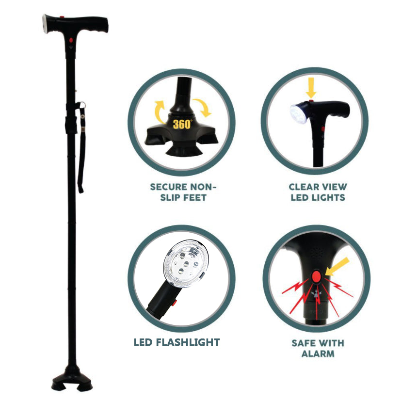 Collapsible Adjustable Height Walking Cane with LED Light & Alarm