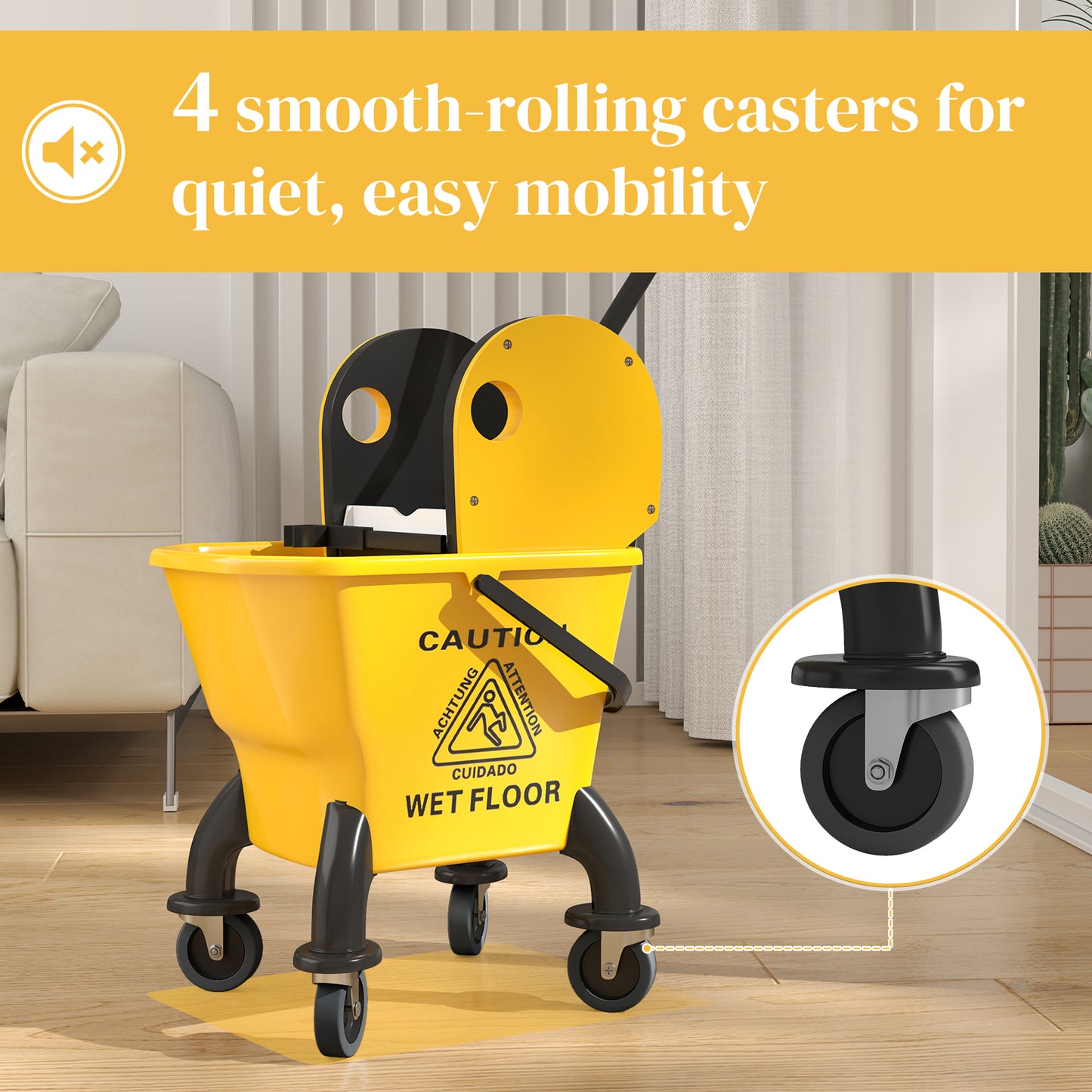 Yellow Mop Bucket with Wringer and Wheels - 27.5 Quart Floor Cleaning Cart
