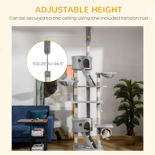 Adjustable Wooden Cat Tree Tower with Condos, Hammocks & Toys