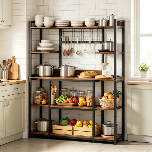 Large 5-Tier Bakers Rack with Hooks - Black & Brown