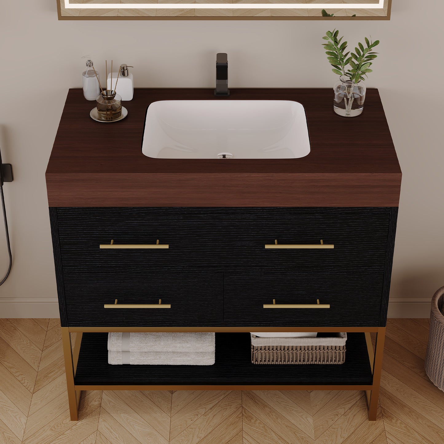 36" Modern Artificial Stone Bathroom Vanity with Ceramic Sink - Black Walnut