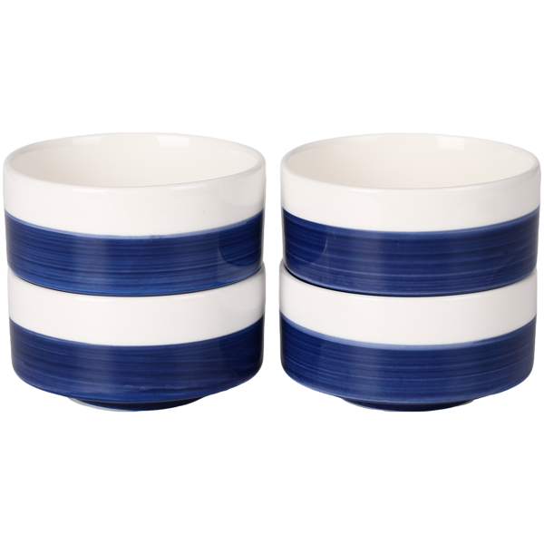 10 oz White-Blue Ceramic Bowls Set of 4 - Microwave & Dishwasher Safe