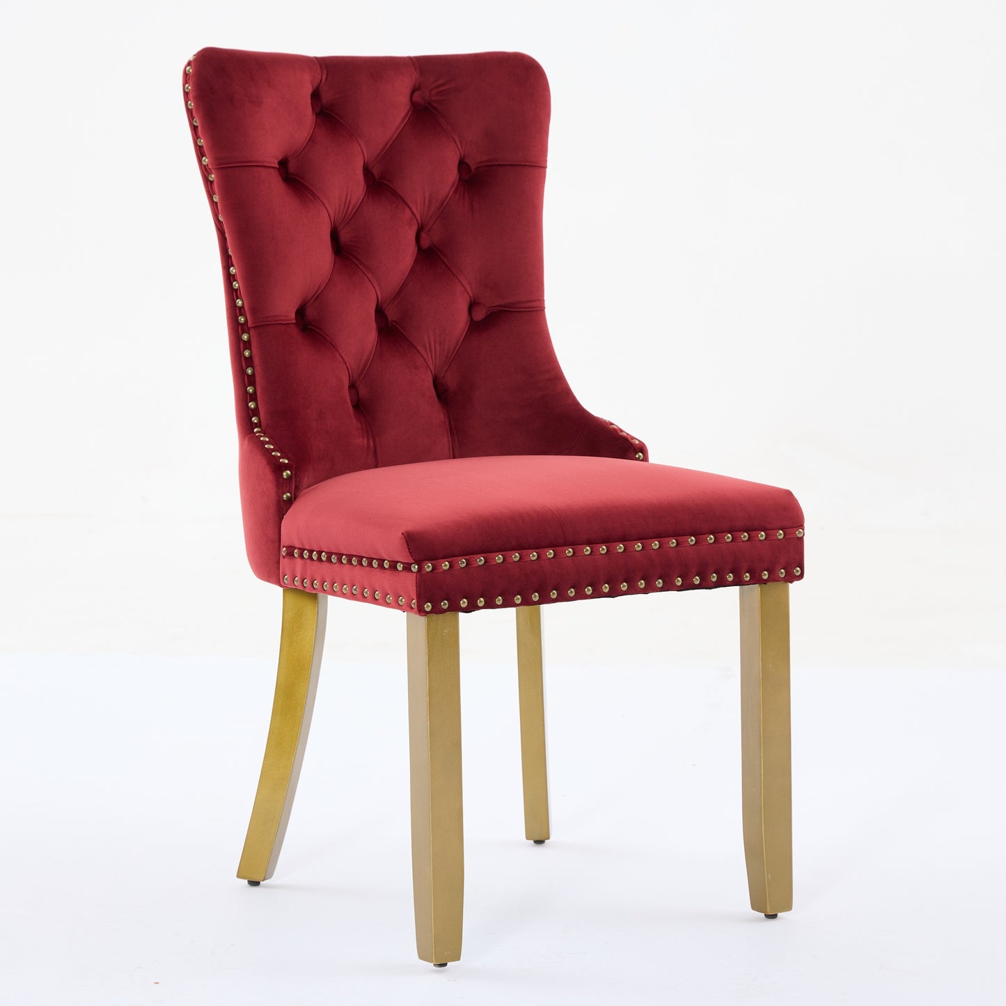Mid-Century Modern Dining Chairs with Lion Head Pull Ring - Set of 2, Wine Red