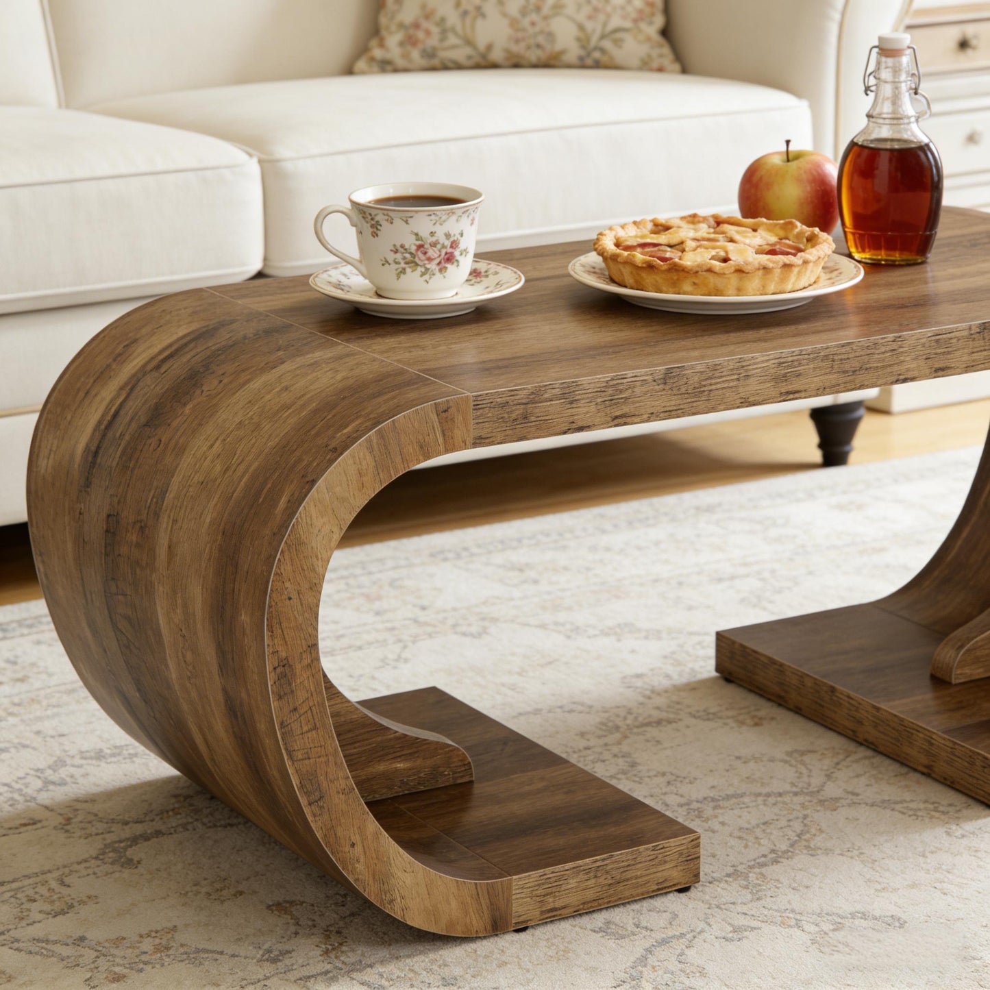 C-Shaped Coffee Table - Artistic Wooden Center Table, Brown