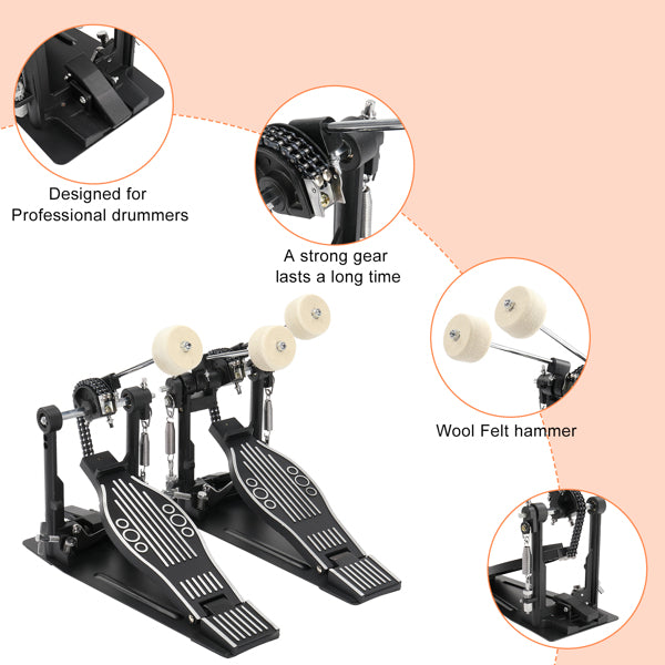 Professional Double Bass Drum Pedal for Drummers - Black