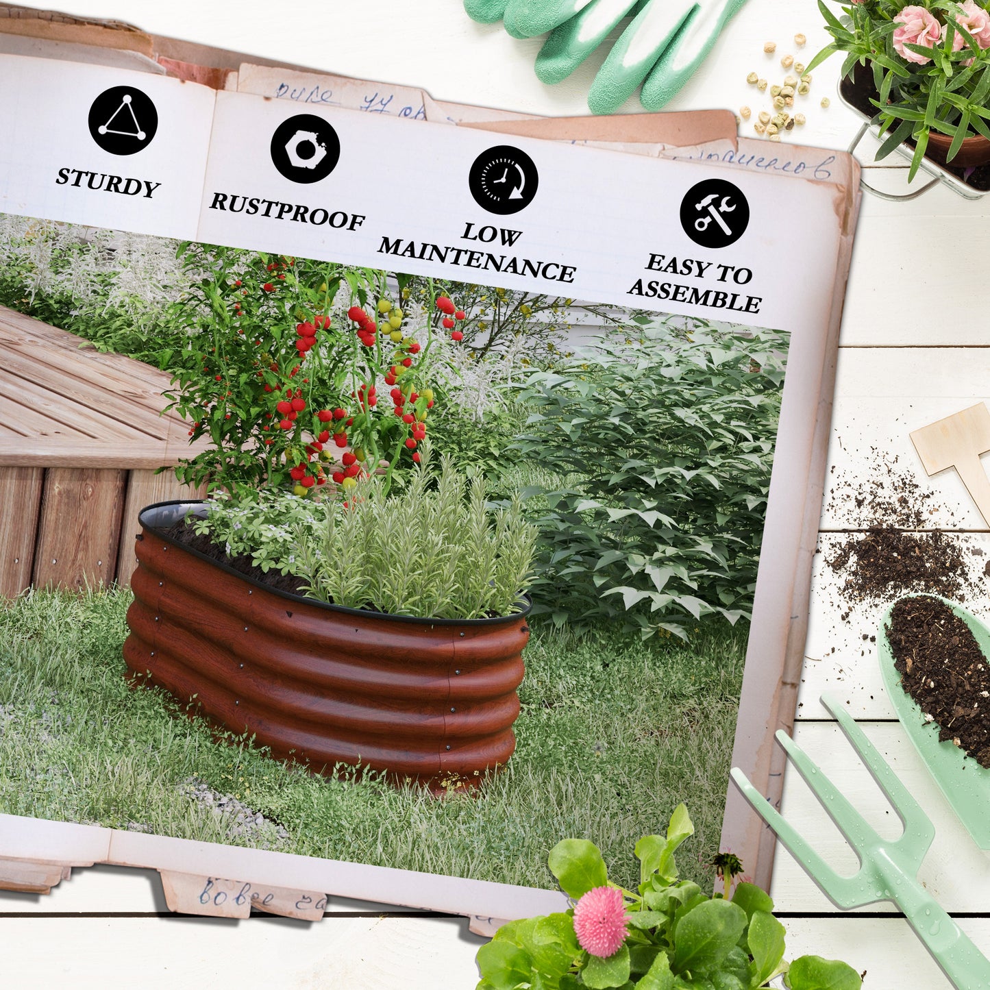 Galvanized Raised Garden Bed Kit - Metal Planter Box with Safety Edging, Brown - 41.25 x 23.5 x 16.5 Inches