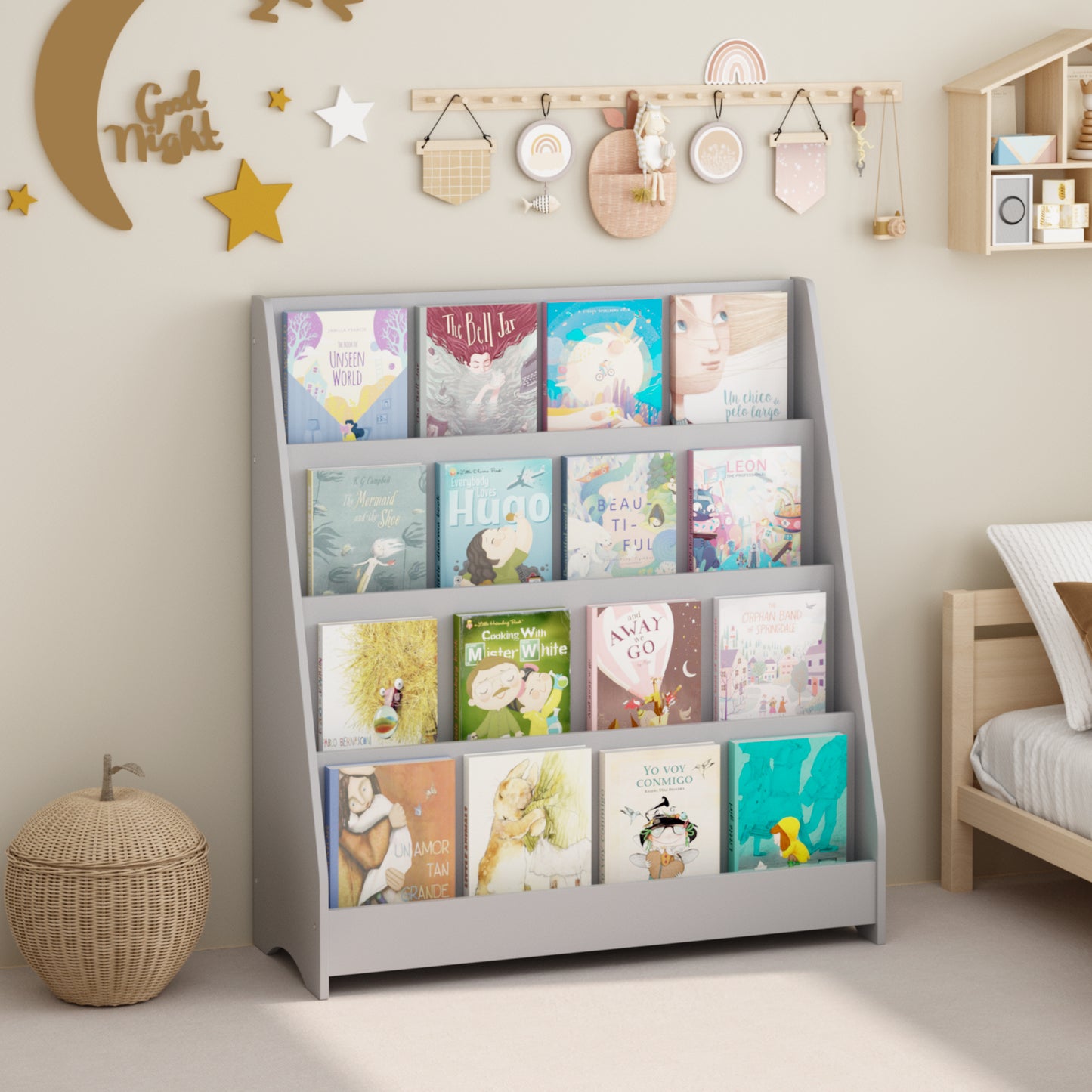 4-Tier Kids Bookshelf - Gray MDF Book Display for Bedrooms & Playrooms