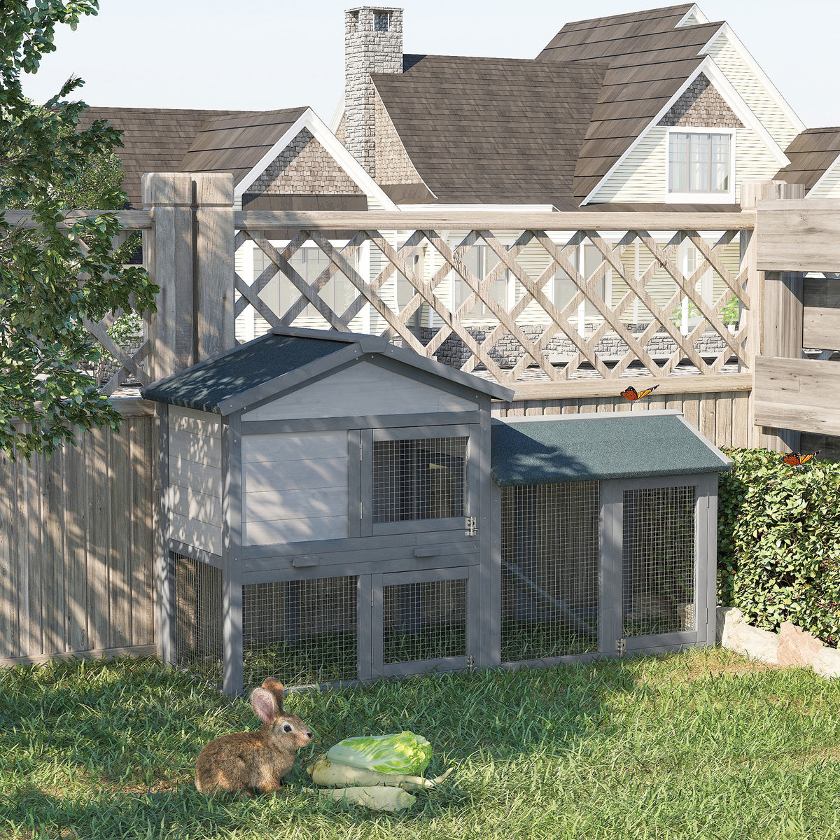 Large Wooden Rabbit Hutch 58 Inch Outdoor Indoor Pet House with Run & Lockable Doors