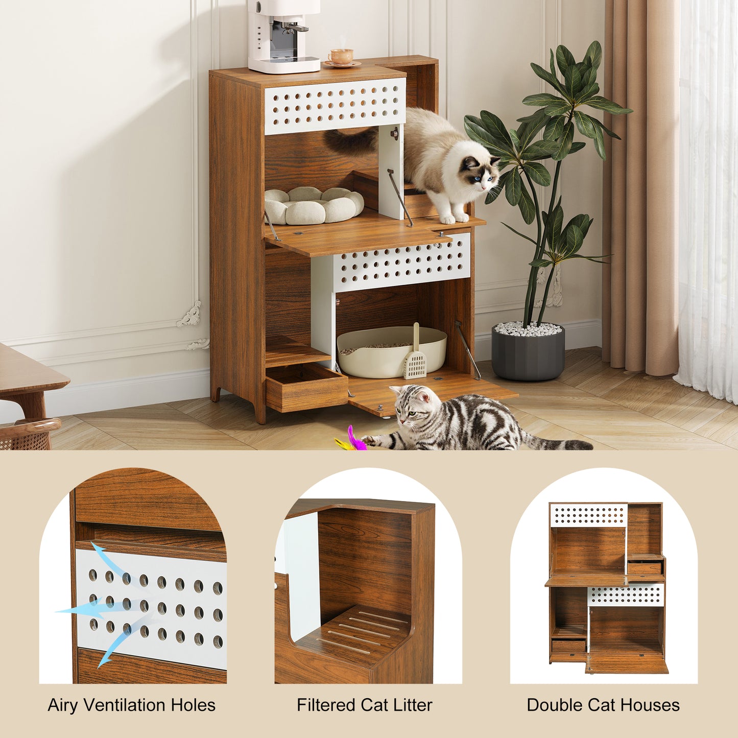 2-Piece Of Modern 2 IN 1 Cat Furniture Set, Litter Box Enclosure Side