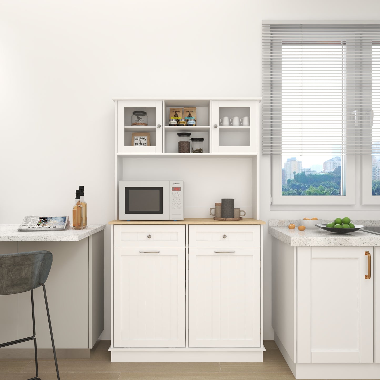 67.7" Tall Kitchen Trash Can Storage Cabinet with 3 Shelves & 2 Drawers - White