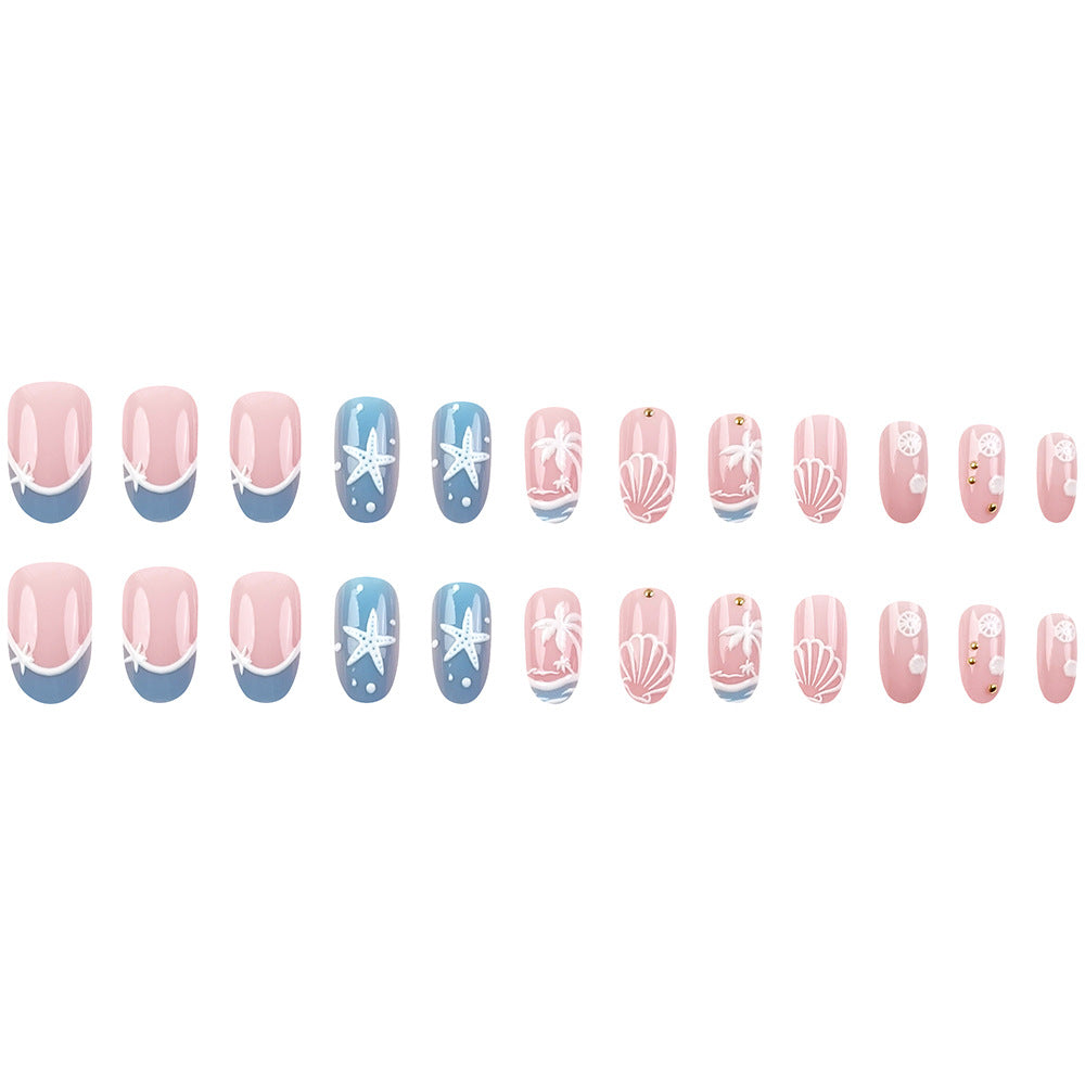 24 Oval Artificial Nails with Rhinestones - French Design