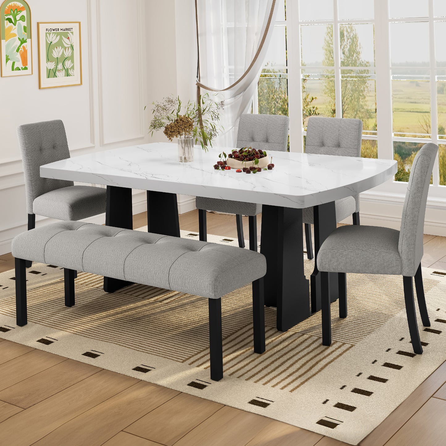 6 Piece Modern Dining Table Set, 63 Faux Marble With Geometric Legs &