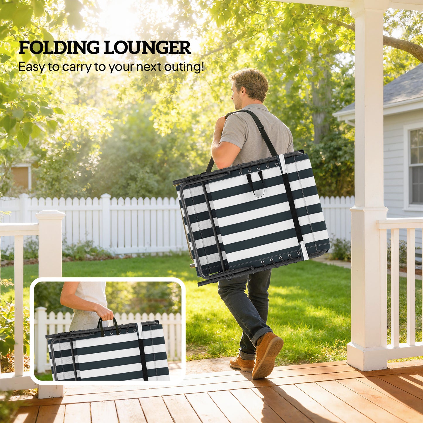 Folding Outdoor Chaise Lounge Chair with Adjustable Back & Side Table - Blue & White