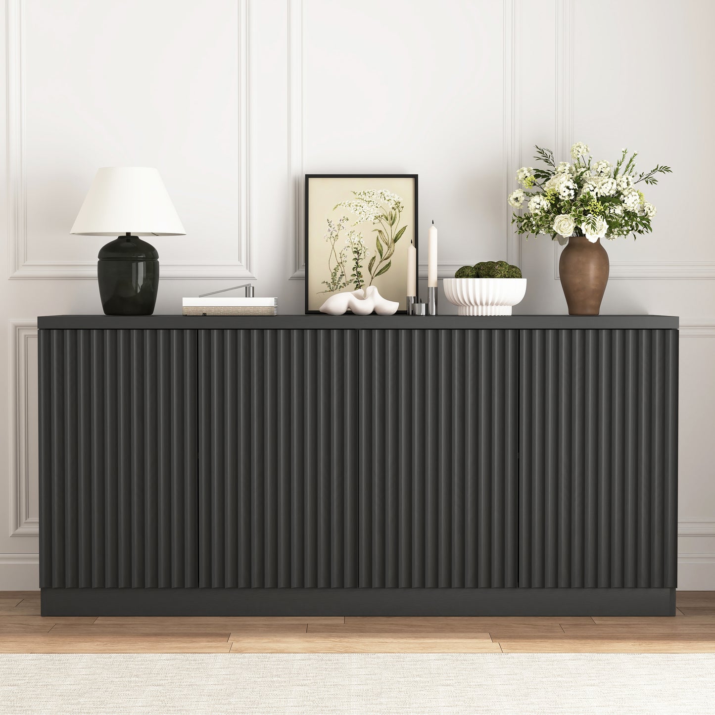 Black Buffet Cabinet with 4 Doors & Shelves - 62.6" Sideboard